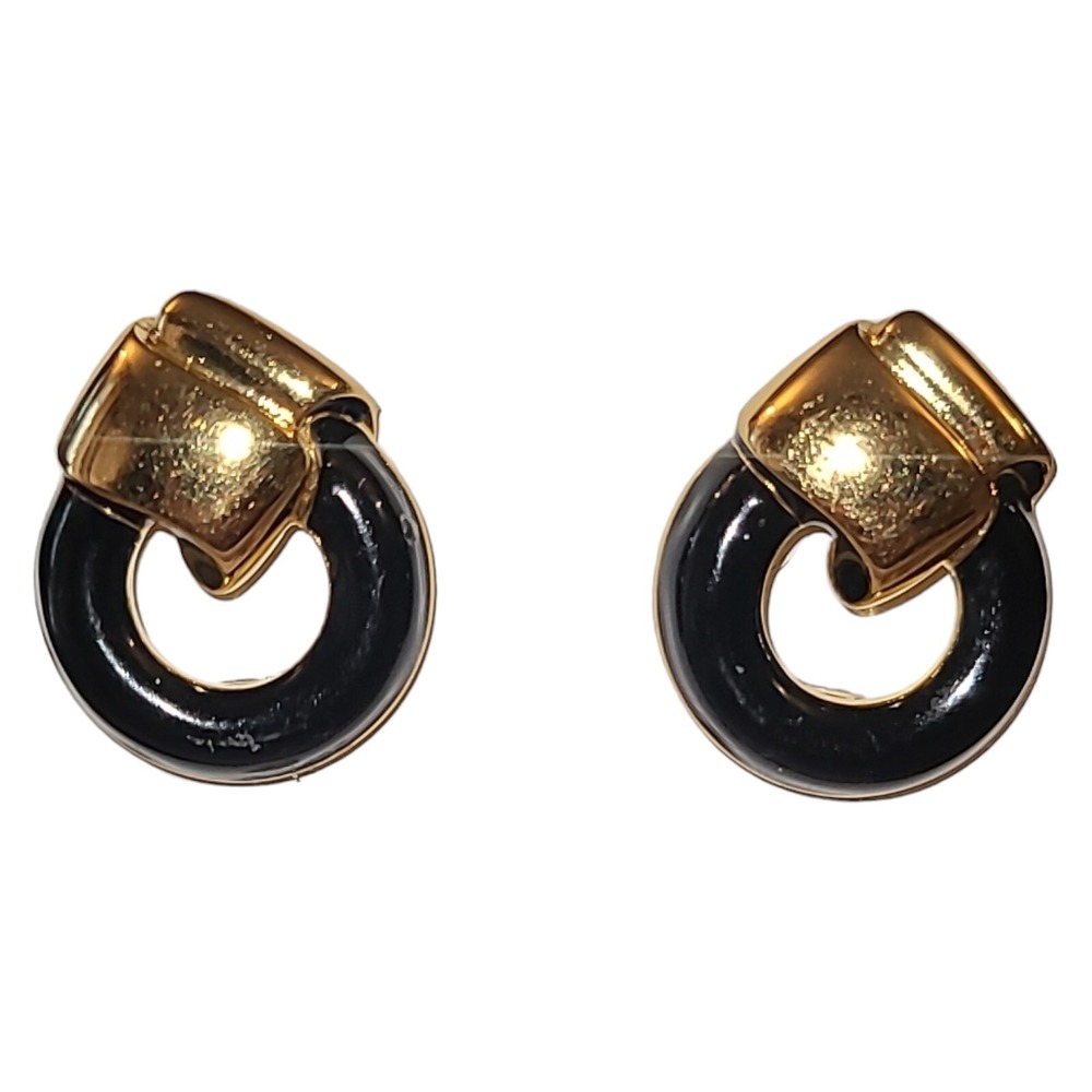 Vintage Heavy Gold Tone Black Enamel Faux Door Knocker Pierced‎ Post Earrings